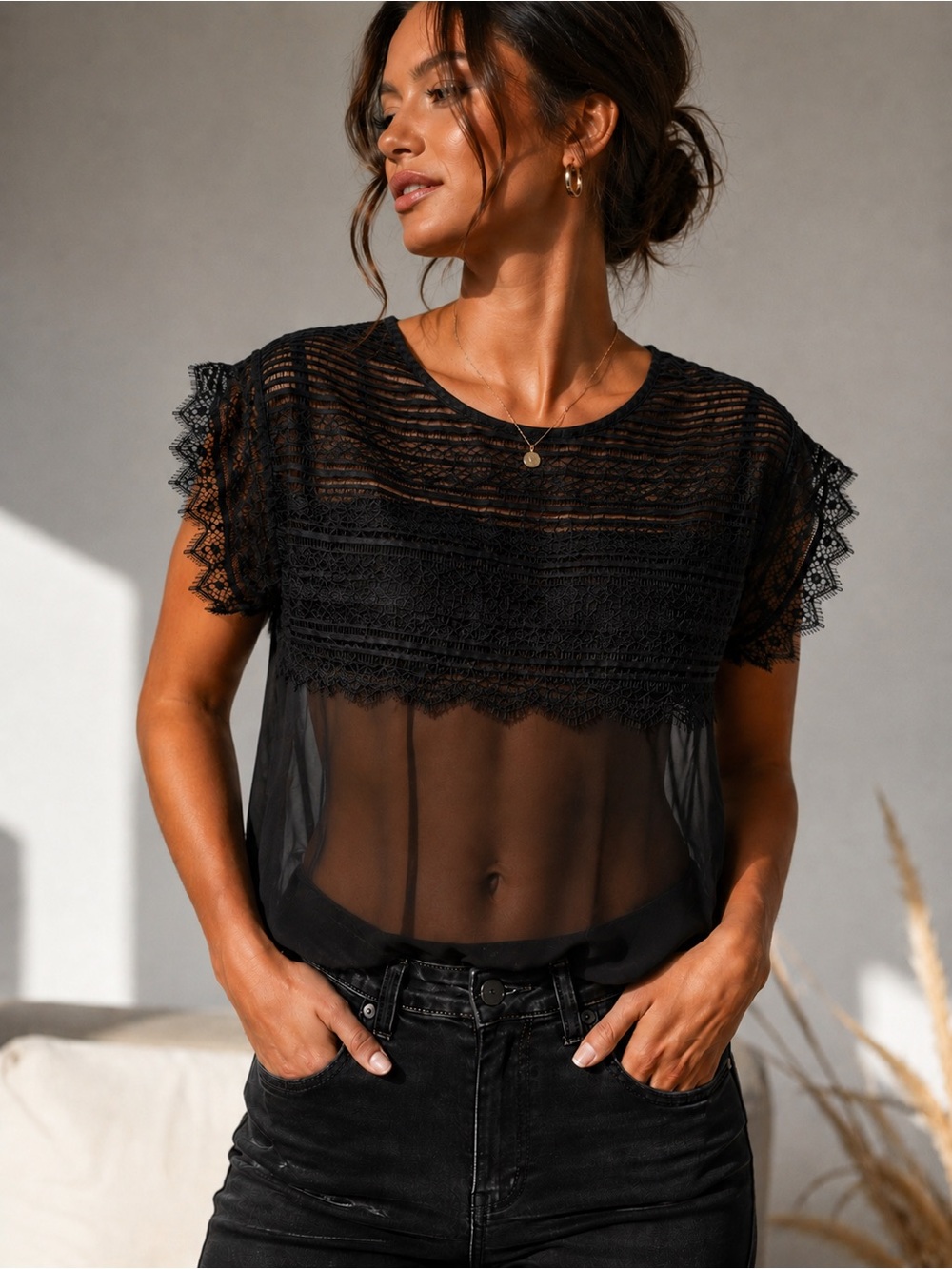 7 For All Mankind Black Sheer Lace Blouse Women’s Size S Short Sleeve Semi Top